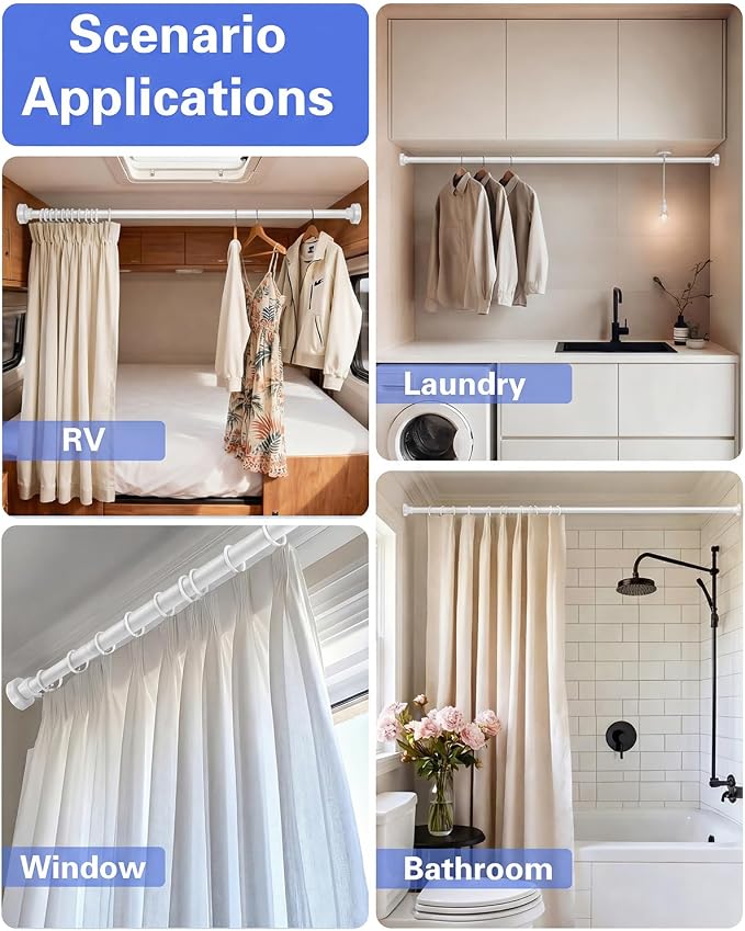 No Drilling Closet Rods for Hanging Clothes, Non Slip Tension Rod with Heavy Duty Clothes Hanging Rod, 17-99 Inches Adjustable Spring Closet Rod for Closet Wardrobe Bathroom Laundry RV, White