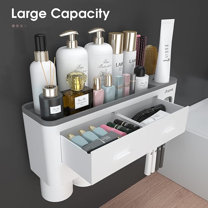 iHave Toothbrush Holders Wall Mounted with Toothpaste Dispenser & 4 Cups | All-in-One Bathroom Organizer: 4 Cups, 7 Slots, Toothpaste Dispenser, Large Tray & Drawer. Wall Mount, No Drilling Required