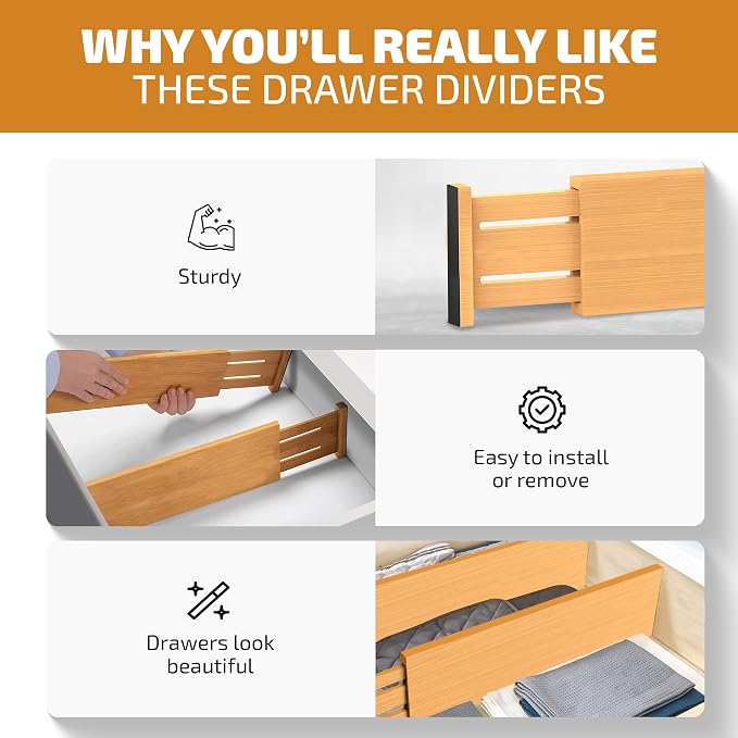 6 Pack Bamboo Drawer Dividers - 4 Inch High, Adjustable 11.5 to 17 Inch Expandable Kitchen Drawer Organizer, Spring Loaded Dresser Separator for Utensils, Clothes, Bedroom, Bathroom, Nursery, Office
