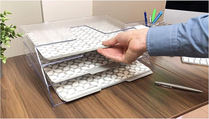 Acrimet Horizontal Triple File Folder Holder Organizer, Open Top Desktop Document Sorter for Letter Size Papers & Folders, Plastic (Clear Crystal) | 3 compartments to separate and organize documents, folders and papers