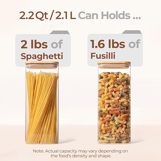 ComSaf Pasta Containers Storage 2.2 Qt, Set of 3 Glass Storage Containers | Rectangle Spaghetti Container Storage, 11.3-Inch Tall Glass Jars, Flour, Cereal, Dry Food Storage, Pasta Jars 70oz, BPA Free