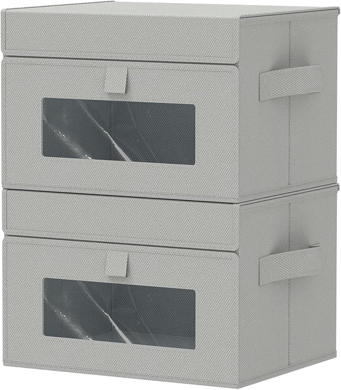 Storage Bins with Lids, Cube Organizer Basket with Window, Closet Boxes with Carrying 2 Handles and Sturdy PP Support Plate, 2 Pack, Grey, 13 x 9 x 7.9 In, XSNY17GM-2