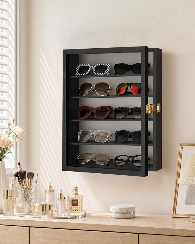 TJ.MOREE Sunglass Organizer Wall Mounted Glasses Holder Display Case 5 Tier | 13 x 15 inches Wooden Storage Box for Multiple Pairs Eyeglasses Sports Sunglasses