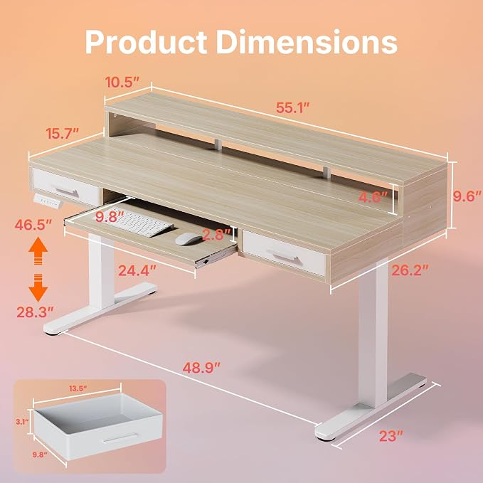 HUANUO 48″ x 26″ Electric Standing Desk with 2 Drawers &24.4″ Large Keyboard Tray, C-Clamp Mount Compatible, Adjustable Computer Desk for Office, Sit Stand Up Desk with 4 Height Presets, Light Walnut