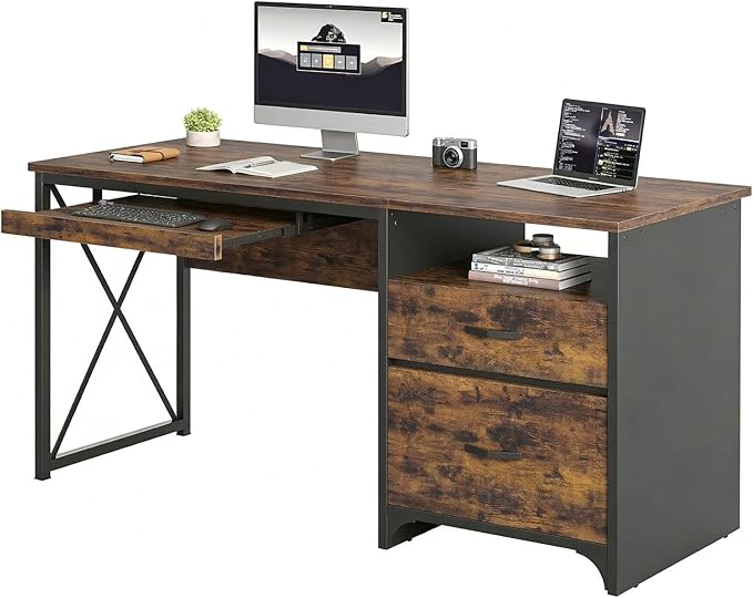 Bestier Office Desk with Drawers, 55 inch Industrial Computer Desk with Storage, Wood Teacher Desk with Keyboard Tray & File Drawer for Home Office, Rustic Brown