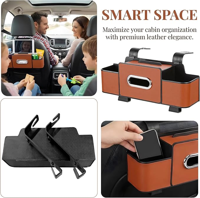 Car Back Seat Organizer, 3-in-1 Auto Seat Back Organizer with Tissue Box, Cup Holders & Hooks, Multifunctional Vehicle Backseat Hanging Organizers for Phones Drinks Handbags (Brown)