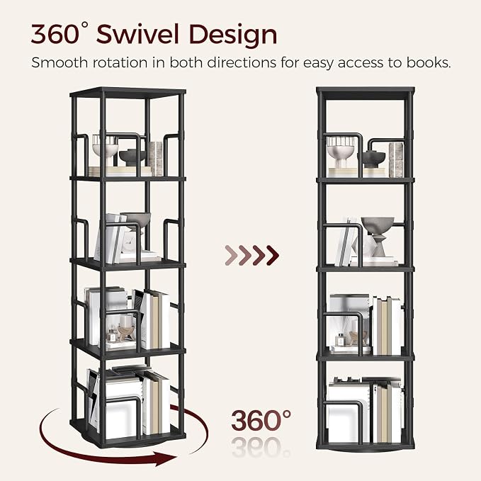 MAHANCRIS 4-Tier Rotating Bookshelf, Freestanding Corner Bookshelf, 360° Spinning Bookcase, Industrial Style Storage Rack with Rails, for Living Room, Bedroom, Study, Black BKBK1501