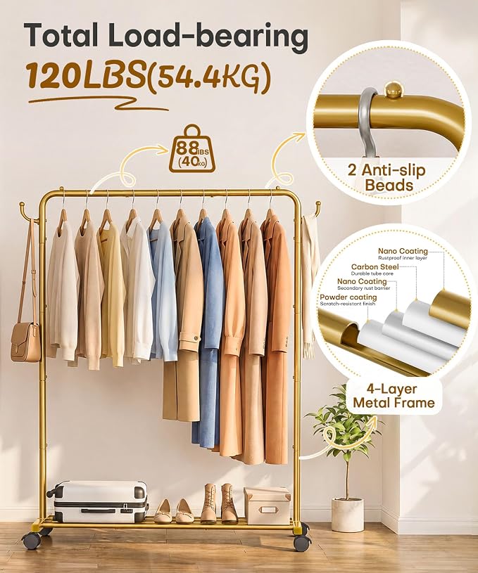 Homde Rolling Clothes Rack with Hooks: Standing Garment Storage for Indoor - Hanging Rod for Bedroom Laundry Room - Coat Dress Organizer on Wheels with luggage shelf (Gold, 46.5")