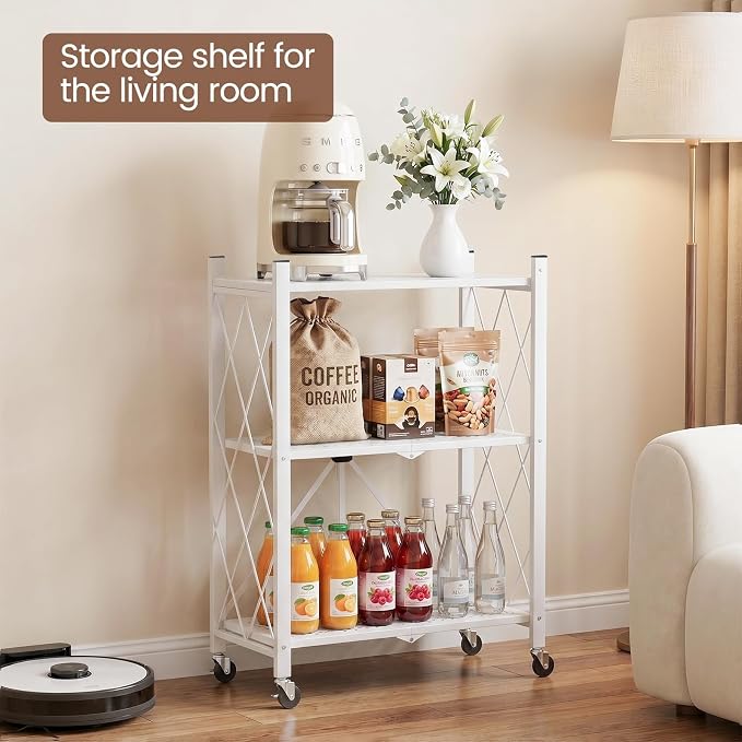 ALANNG 3 Tier Folding Storage Shelf on Wheels,Heavy Duty Metal Rolling Cart | Compact & Portable, No Tools Assembly, Folds to 3.9" Flat, Reinforced Iron Frame, Lockable Casters, for Any Room