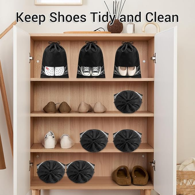 Large Shoe Bags for Packing with Clear Window, 17.3" X 12.6" Dustproof Drawstring Travel Shoe Storage Bags for Men & Women (5, Black)
