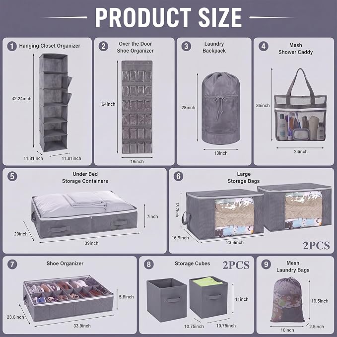 Briwooody 11 Pcs College Dorm Storage Set, Dorm Organizer Kit with Closet Organizer, Over Door Shoe Rack, Under Bed Storage Bags, Laundry Backpack, Shower Caddy, Collapsible Bins(Gray)