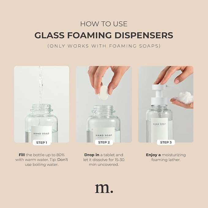 MaisoNovo Glass Foaming Soap Dispenser 14 Oz | Glass Bottles Pumps x 2 Clear with Tray