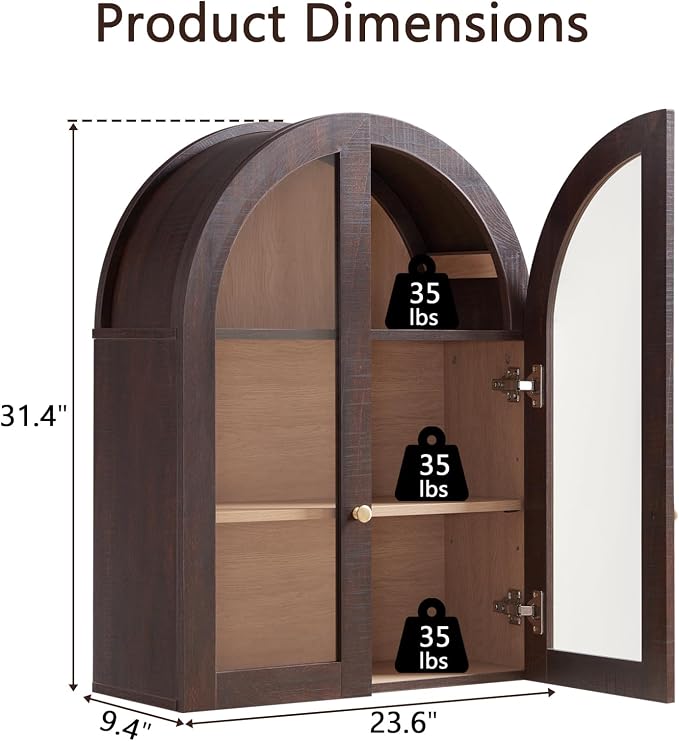 Bathroom Arched Wall Cabinet Over The Toilet Storage Cabinet, 23.5×31.4 Inch bathroom cabinet wall mount with Glass Doors & Adjustable Shelves, Wood Cabinet for Laundry Room, Bedroom Kitchen, Brown