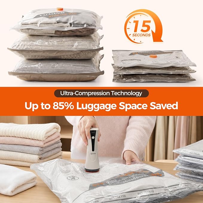 Vacuum Seal Bags for Clothing Travel with Electric Pump,16 Pack | Fits Carry-On, Luggage, and Suitcase | Reusable Airtight Seal Prevents Leaks | Save 85% Volume for Clothes & Bedding