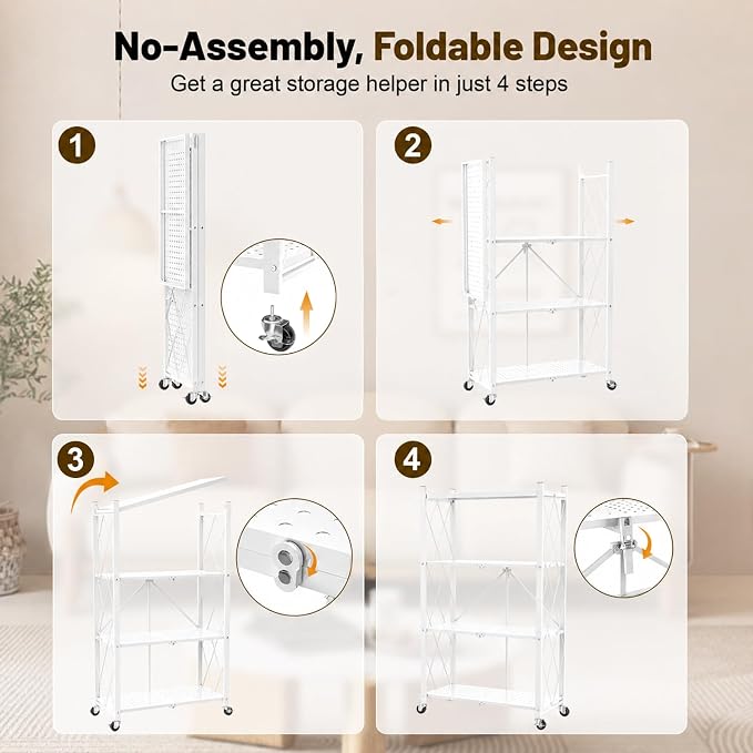 4 Tier Foldable Storage Shelves on Wheels, Heavy Duty Metal Shelving Unit, No Assembly Required for Kitchen, Garage, Pantry, Basement, Bookshelf, White
