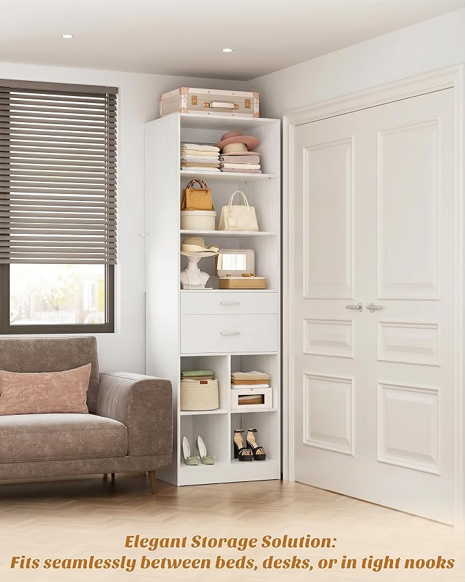 Besiost 18.9" Small Closet System with Drawers, Walk-in Closet Organizer | Small Closet Organizer for Walk in Closet, Bedroom & Nursery, Wardrobe Storage Unit, Enclosed Storage Volume 2.32 ft³, White