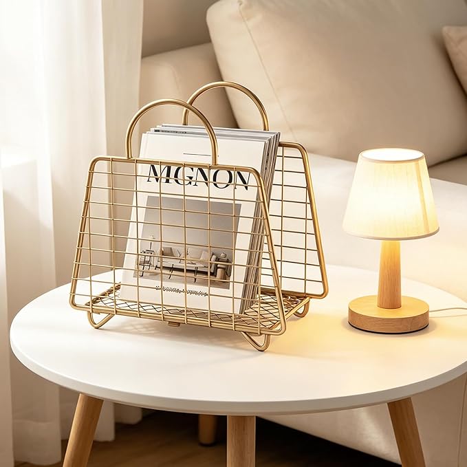Gold Magazine Holder,Modern Magazine Rack Floor,Metal Wire Magazine Basket,Handbag Design Magazine Storage Organizer for Magazines File Book Newspaper Vinyl Record Albums