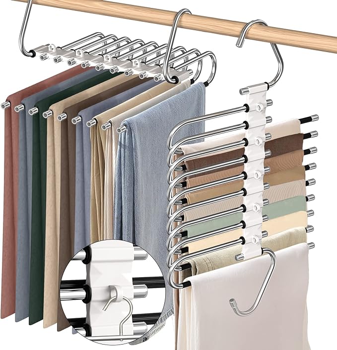 9 Layers Pants Hangers Space Saving Closet Organizer 2 Pack, Metal Space Saving Hangers Non-Slip Multi-Layer Multifunctional Rack Closet Organizers and Storage for Pants Skirts Jeans Trousers(White)