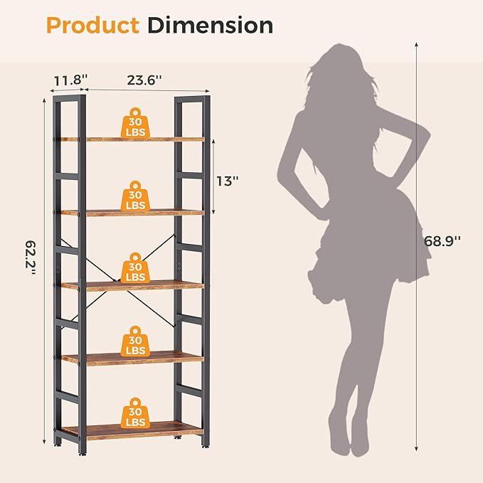 DUMOS 5-Tier Bookshelf, Modern Tall Bookcase Book Shelf | Open Storage Display Shelf for Living Room, Bedroom, Home Office, Narrow Standing Shelving Unit for Books, CDs Rustic Brown