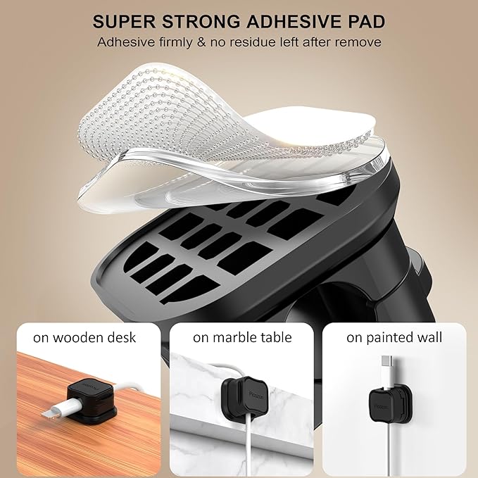 6 Pack Magnetic Cable Clip Organizer Cord Holder, Picozon Adhesive Cable Management, Wire Phone USB Charger Cable Holder, Keeper Organizer for Office Home Desktop Table - Black