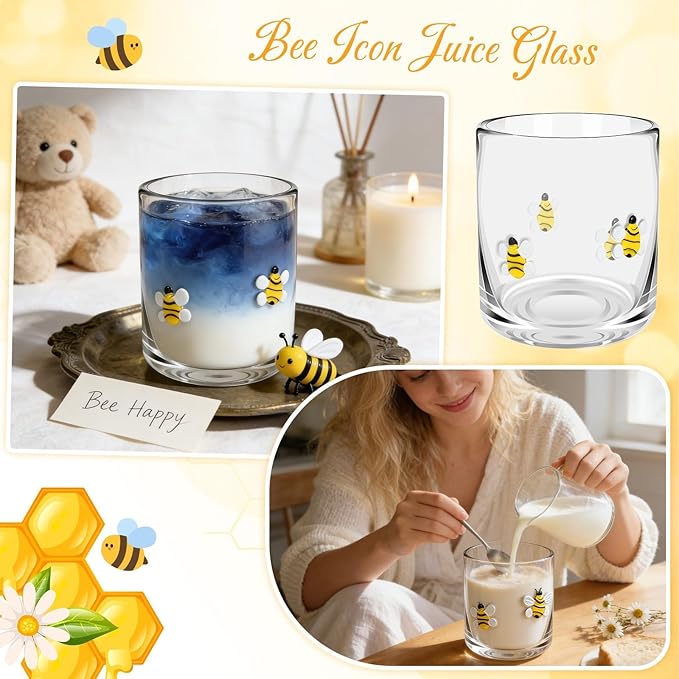 14 Ounce Icon Juice Glasses, Aesthetic Cocktail & Old Fashioned Drinking Glasses, Iconic Clear Glass Cups for Women, Sister, Friend & Party Gifts (Bee)
