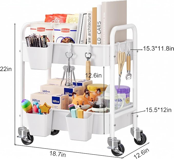 2 Tier Small Rolling Cart Metal with Wheels, White Under Desk Storage Cart on Wheels, Short Utility Roller Caddy Carts Organizer for Art,Craft,Pantry,Bathroom, Two Tiered Shelf Trolley,22 Inches Tall