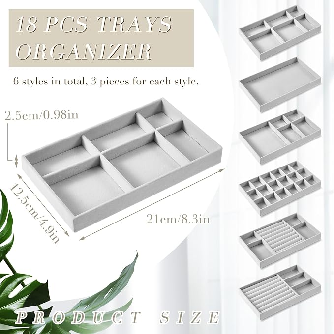 Junkin 18 Pcs Jewelry Drawer Organizer Inserts, Stackable Jewelries Inserts for Dresser Drawers, Drawer Insert Organizers Velvet Jewelry Trays for Rings Earring Bangle Necklace(Gray)