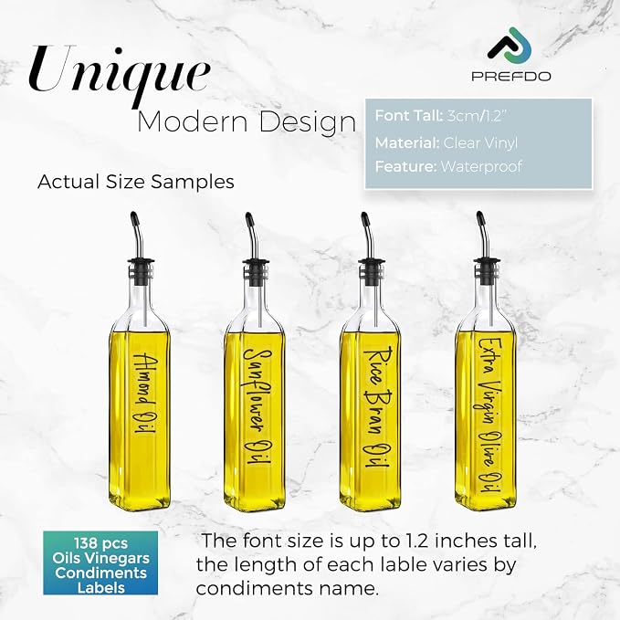 138 Oil and Vinegar Labels for Bottles, Black Script Clear Preprinted Condiments Stickers for Squeeze Dispensers Kitchen Pantry Organization, Waterproof & Oil-Proof