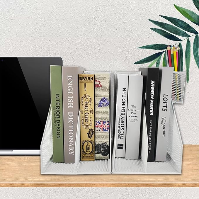 Mesh Magazine File Holder, 2 Pack Set, Desk Organizer | Sturdy metal mesh file holder. 2 compartments for magazines, documents. Desktop storage for office & home. White.
