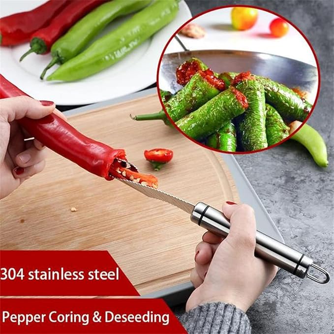 Pepper Seed Corer Remover with Cleaning Cloth, 304 Stainless Steel Fruit Seed Remover with Serrated Teeth, Jalapeno Pepper Corer Tool Chili Deseeder, Essential Kitchen Gadgets (2pcs)