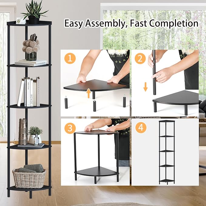 SUNMORY 5 Tier Corner Shelf Stand, Industrial 65" Corner Shelves Display Shelf for Living Room Decor, Wall Corner Bookshelf Multi Unit Organizer, Tall Shelf Plant Stand for Bedroom, Bathroom, Black