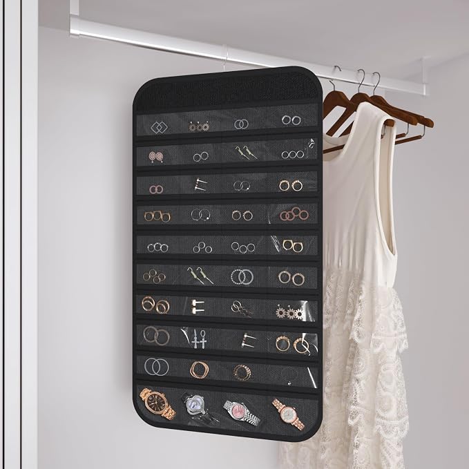 Double-Sided Hanging Jewelry Organizer for Necklaces Earrings, 1-Pack Black | Foldable 36 hooks & 40 clear pockets; swivel hook fits walls, doors & rods for earrings, bracelets, rings & small jewelry