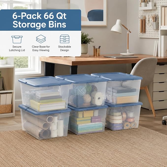 66 Quart Clear Plastic Storage Container with Latch Lid, Blue, 6 Pack | Clear Base & Lid, Secure Blue Latches, Recessed Stacking, 66Qt Capacity, BPA-Free Plastic
