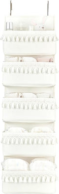 Dahey Over The Door Organizer Boho Nursery Storage Decor Closet Hanging Organizer with Tassels Decoration for Bedroom Nursery Bathroom Apartments Dorm Pantry, 5 Pockets, White