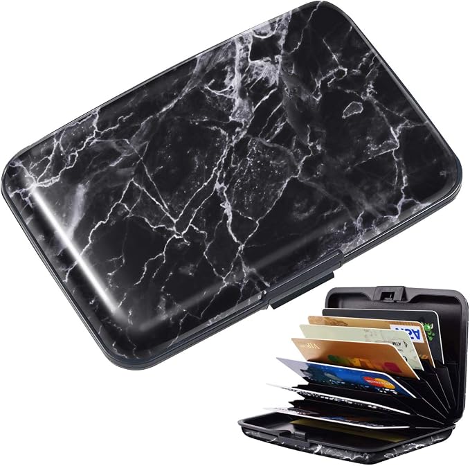 Coco Rossi Credit Card Holder RFID Aluminum Small Mini Wallet Women | Metal Wallet, Business Cards Holder, ID Case, Slim Sleeves, Womens Girls Gift, Carry Wallets for Travel, Black Marble