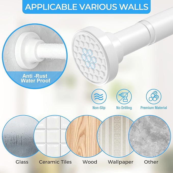 AIZESI Heavy Duty Tension Curtain Rod No Drilling Adjustable Shower Curtain Rod 40-78 Inch Spring Loaded Curtain Rods for Window, Bathroom, Doorway & Closet, Renter Friendly, 1.25"Diameter, White
