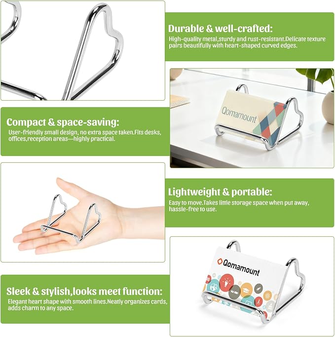 Qomamount Business Card Holder,Cute Heart-Shaped Metal Card Display Stand,Vertical Desktop Name Card Organizer,Small Phone Stand & Photo Holder for Office,Wedding,Reception,Exhibition(Silver)