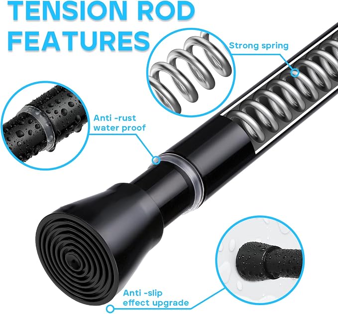 Spring Tension Curtain Rod 28 To 48 Inch Adjustable Expandable Black Tension Rod 7/8" Shower Curtain Rods No Drilling Spring Loaded Curtain Rod for Windows Bathroom Closet Kitchen Bedroom Doorway Door