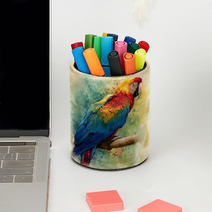 Retro Parrot Pattern Pen Holder Pencil Organizer for Desk, 3.1” x 3.1” x 3.9” Pencil Cup Office Supplies, Large Capacity Cute Pen and Makeup Brush Holder for Home, School, Desktop