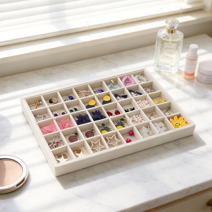 Stratalife 40 Grid Jewelry Organizer Tray, Stackable Drawer Earring Organizer with Adjustable Dividers, Jewelry Display Tray for Necklace Earring Ring Bracelet, 13.8" x 9.4" x 1.2", Beige