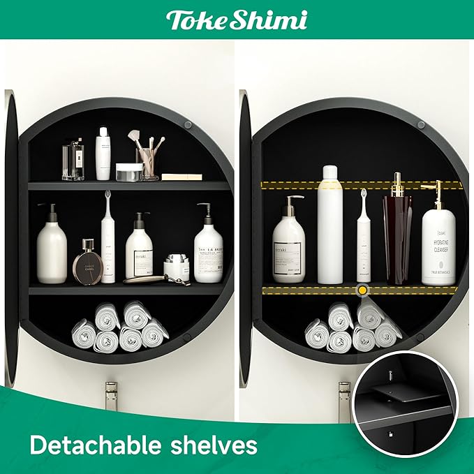 TokeShimi 20 x 20 Brushed Nickel Round Medicine Cabinet with Mirror, Circle Medicine Cabinet for Bathroom with Stainless Steel Metal Frame, Detachable Shelves, Shatterproof, Wall Mounted Only