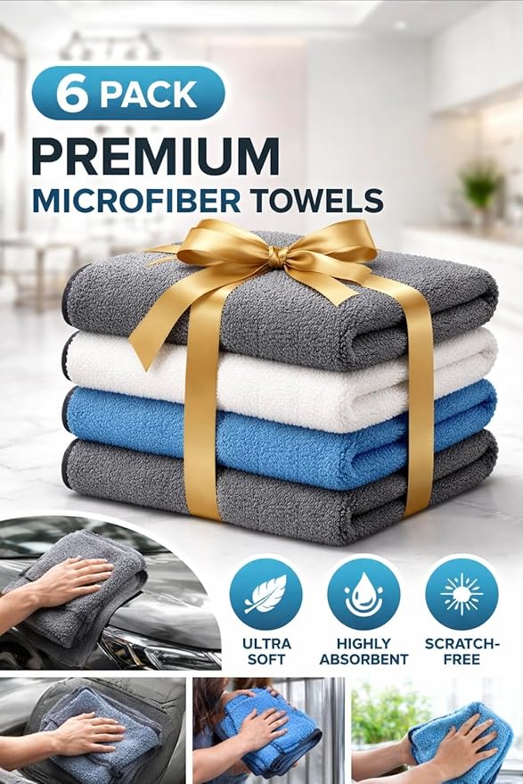 Microfiber Cleaning Cloth 6 Pack, Ultra Soft Towels for Car, Kitchen & Glass, Lint-Free, Streak-Free, Reusable 11x11 Inch