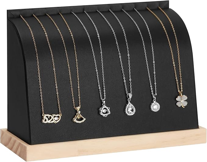 KUKUVR PU Cambered Necklace Display Stand for Women, Wood Base Jewelry Holder Rack for Necklace Pendant Bracelet Chains, Necklaces Storage Organizer Showcase for Selling Vendors exhibition (Black)