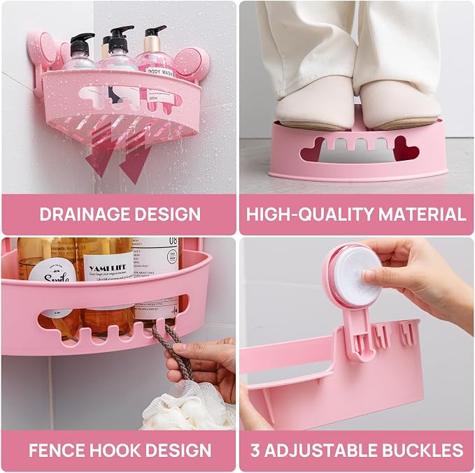 LEVERLOC Corner Shower Caddy Suction Cup, Shower Shelves Suction Cup | 2 Pack Heavy Duty Basket Bathroom, Removable Shower Organizer for Kitchen, No-Drilling Shower Caddies(Pink)