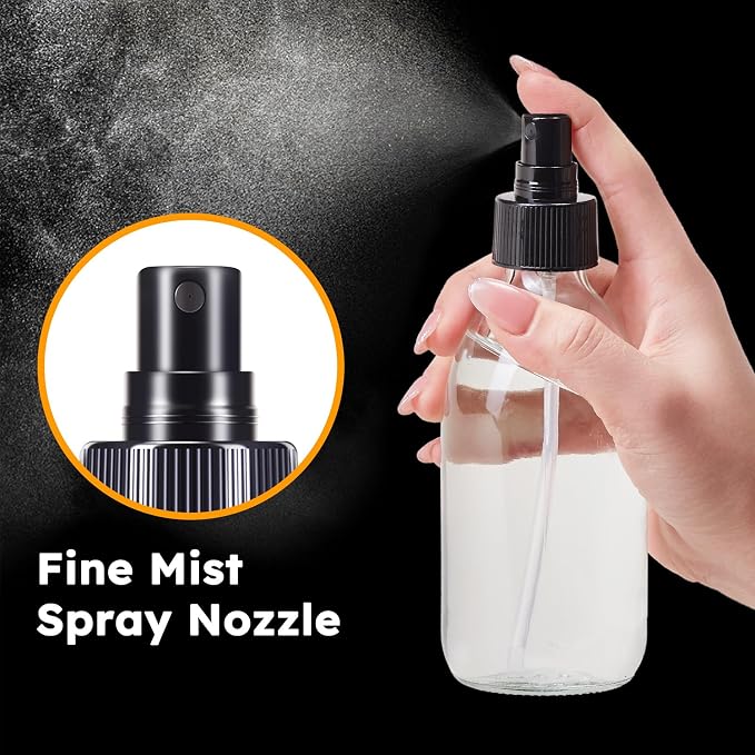 Tecohouse 2 Pack 8.8 OZ Glass Spray Bottles | 250ml Small Spray Bottles for Cleaning Solutions for Essential Oils, Plants, with Durable Nozzle, Labels, Funnel - Clear