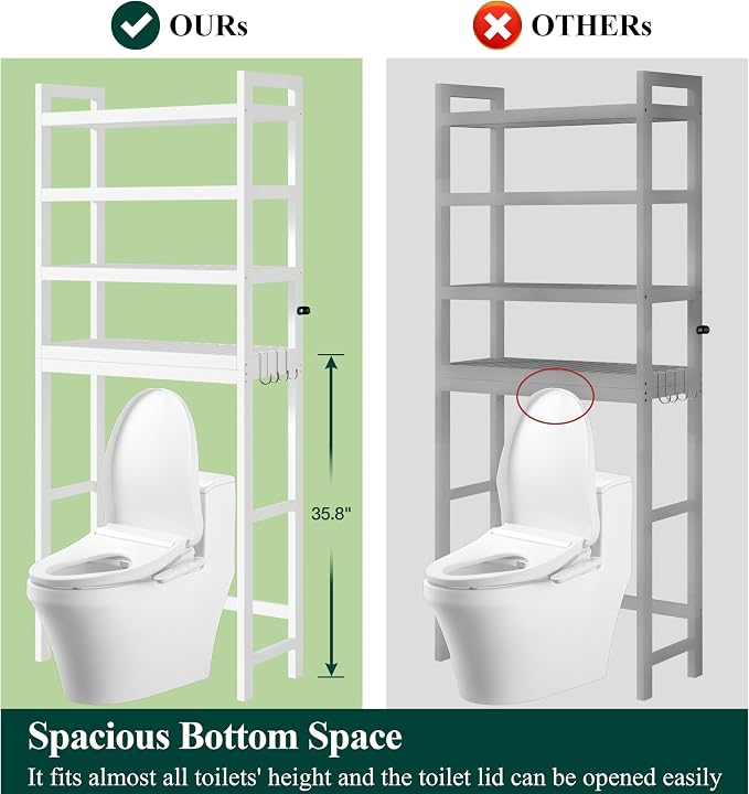 Smiry Over The Toilet Storage Cabinet, 4-Tier Bamboo Bathroom Organizers with Adjustable Shelf & 4 Hooks, Space Saving Shelf Rack for Bathrooms, Laundry Room, Balcony, White