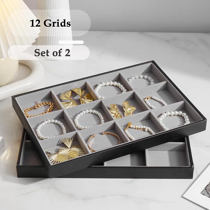Large Jewelry Organizer Tray 2 Pack, Stackable Jewelry Storage Holder for Drawer Inserts, PU Leather Velvet Jewellery Display Case for Earring Bracelet Necklace Ring (Black Gray, 12 Grids)