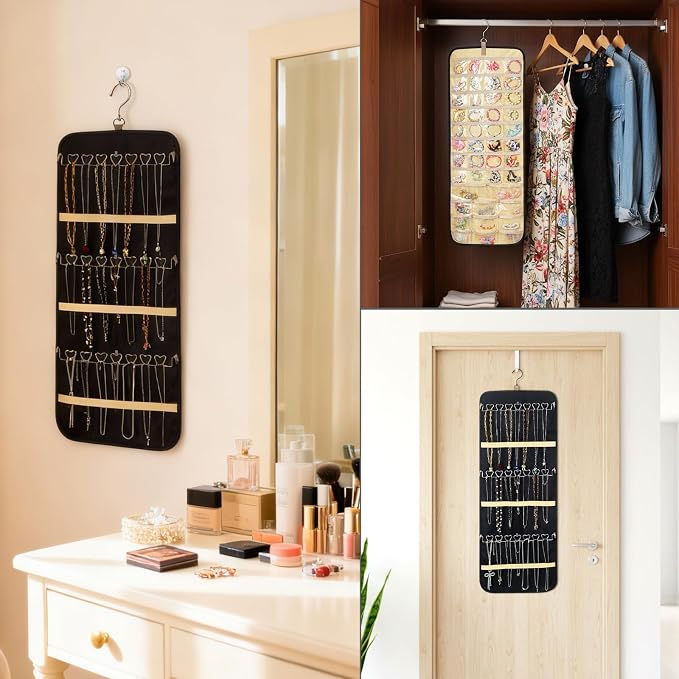 2 Pack Hanging Jewelry Organizer Storage with 43 Pockets and Hooks Dual-Sided Hanging Jewelry Organizers and Storage Hang on Closet, Wall, Door for Earrings, Necklaces, Rings,Blcak