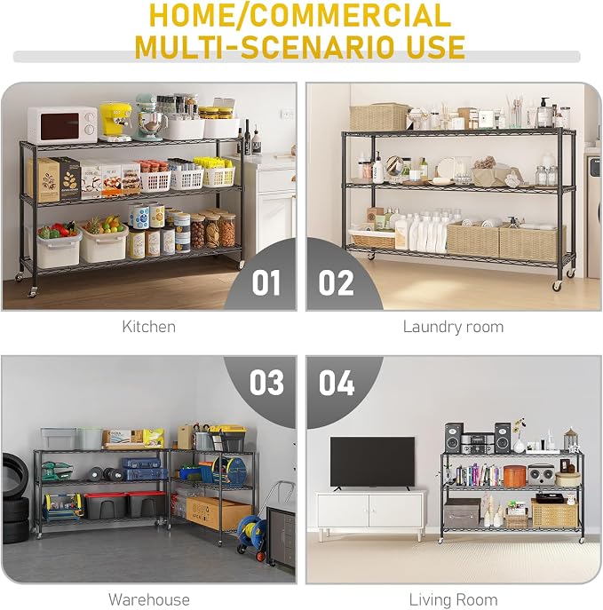 Karl home 3-Tier Adjustable Metal Storage Shelves with Wheels | Heavy Duty Wire Storage Rack Organizer, Multipurpose Garage, Pantry Display Shelf, for Household Indoor Storage Solutions