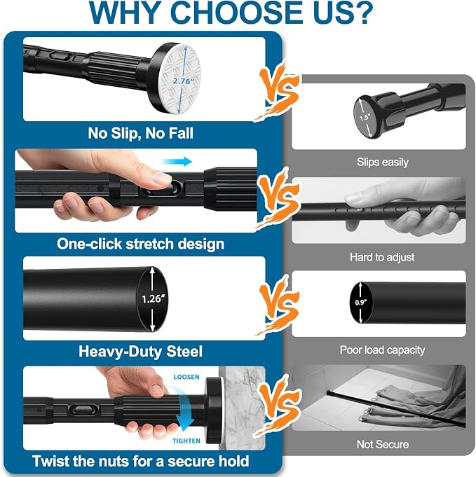 AIZESI 41-67 Inch Heavy Duty Black Tension Curtain Rod - No Drilling, Adjustable, Rust-Resistant for Outdoor, Living Room, Window, Bathroom